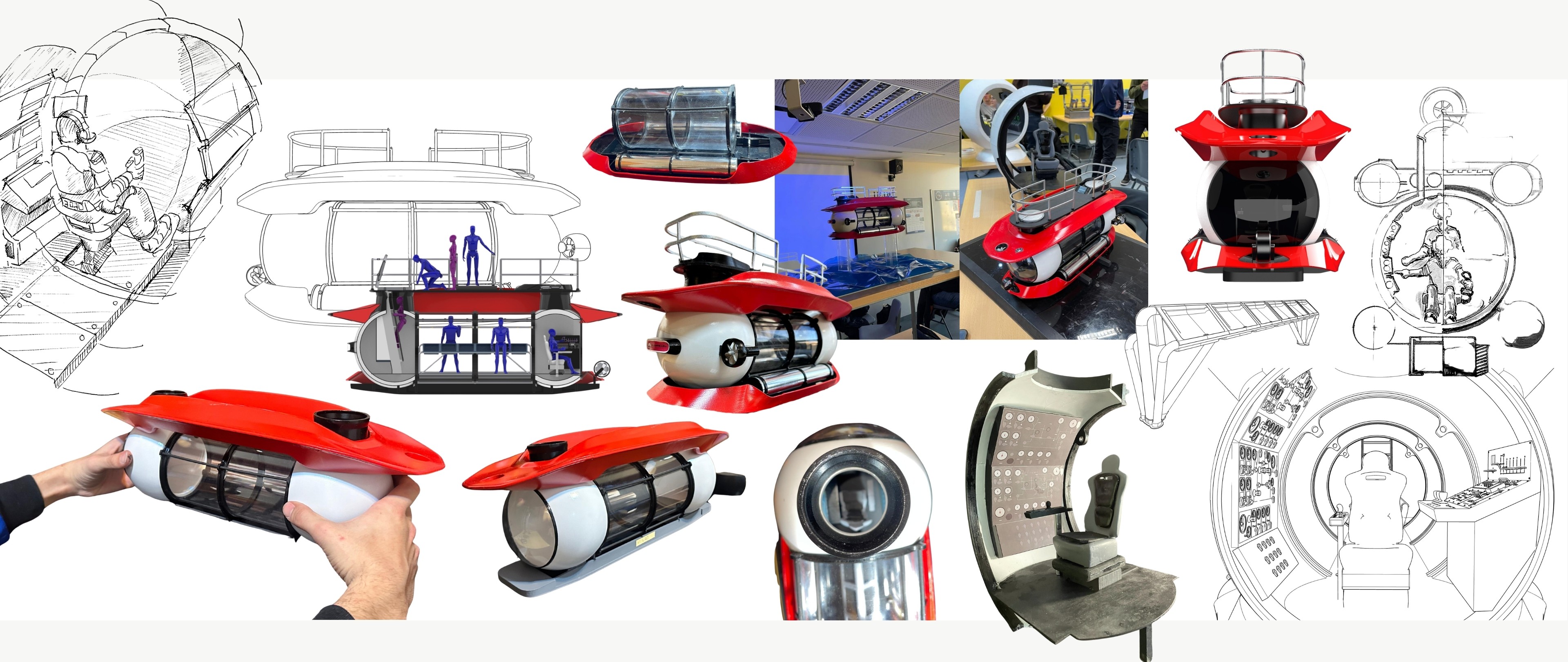 Proceso de diseño ClamPearl: investigación, bocetos, modelado 3D, ergonomía y maqueta física del submarino