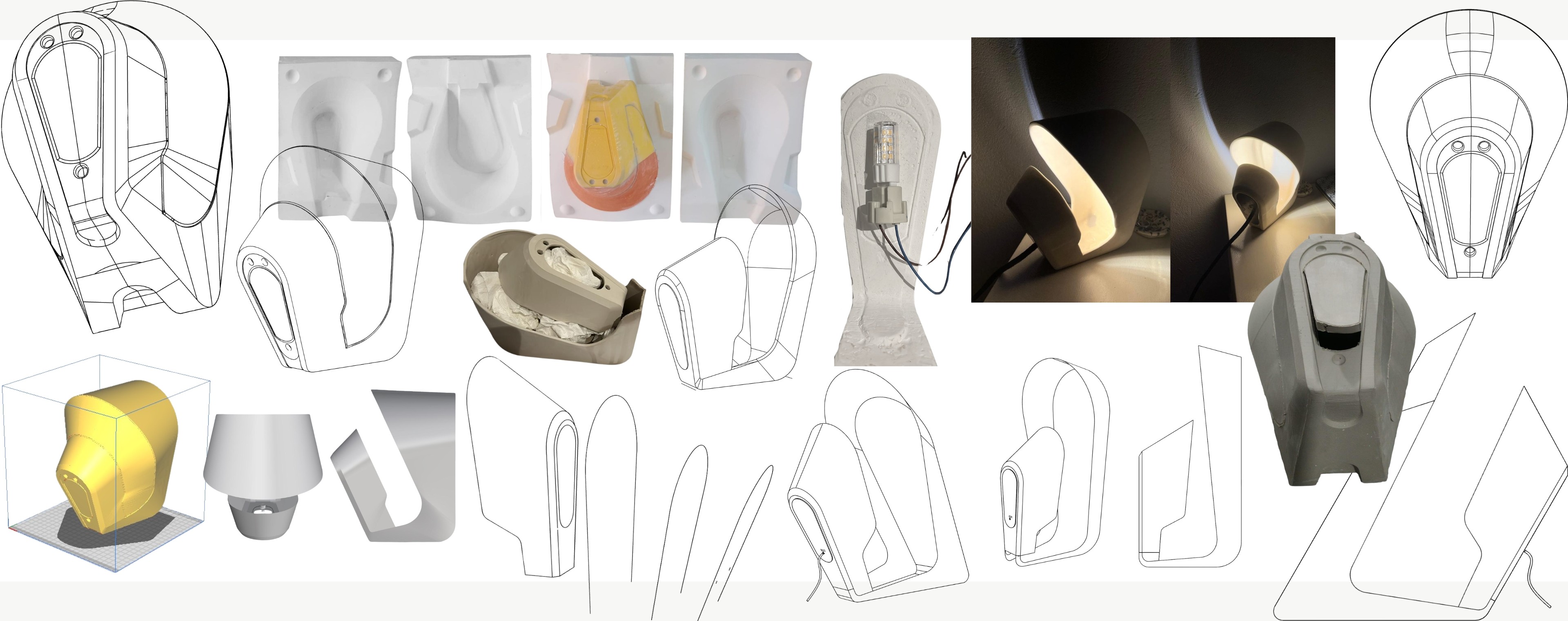 Proceso de diseño Velador LED: modelado 3D y planos, molde de yeso de dos partes y colado de la pasta cerámica