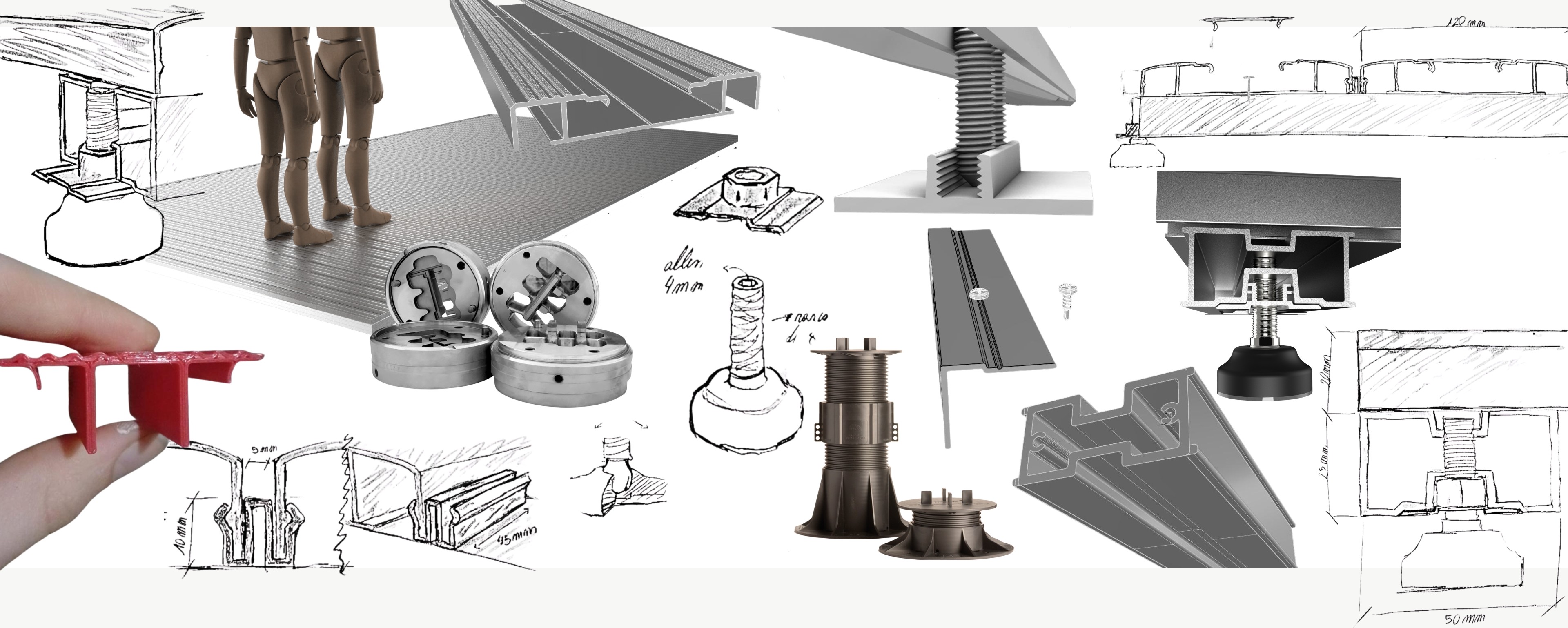 Proceso de diseño Deck de aluminio: análisis de perfiles de extrusión, detalles de unión, pies regulables y modelado 3D del sistema