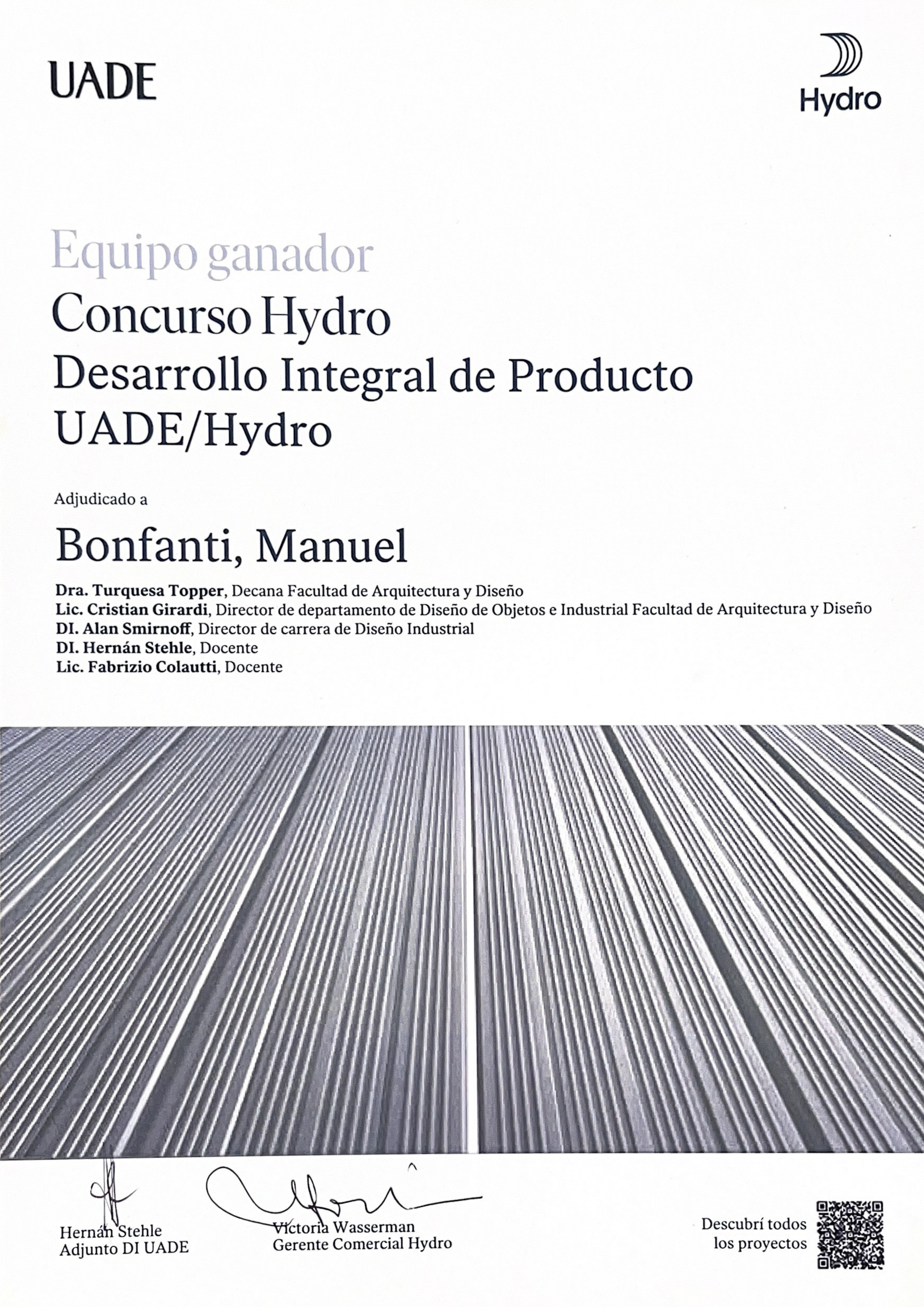 Certificado del Concurso Hydro UADE — equipo ganador