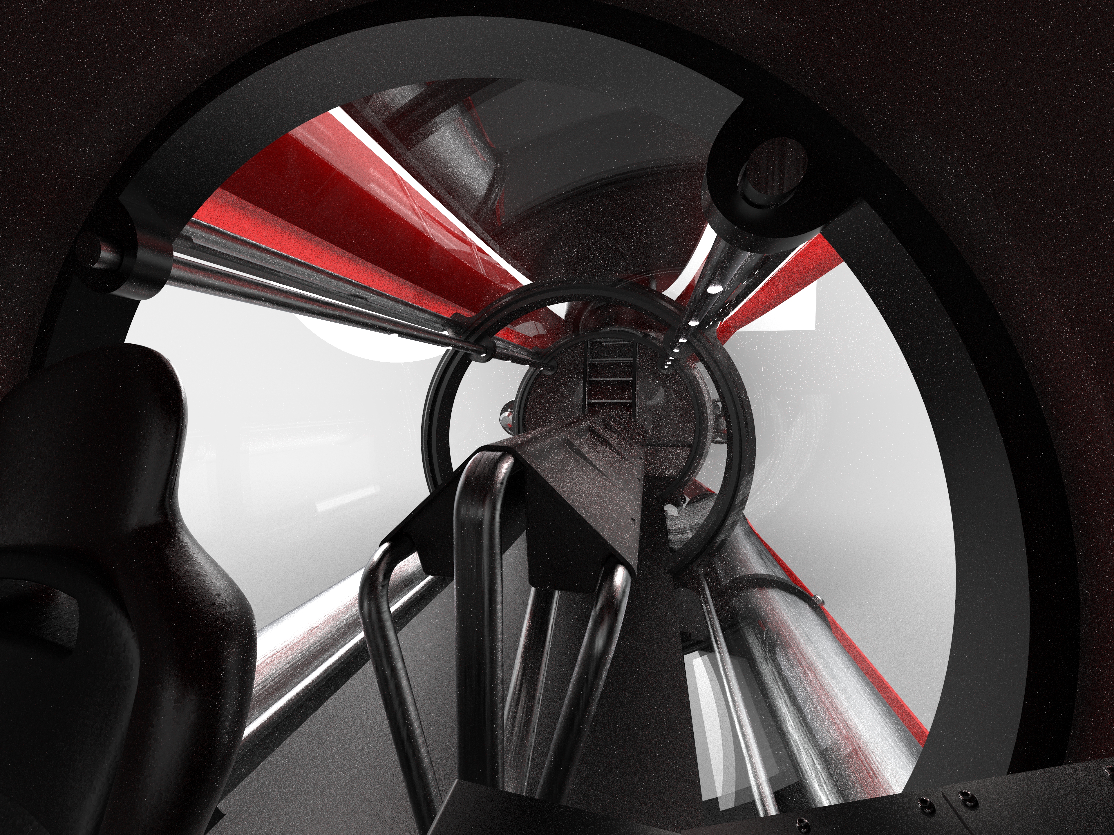 Vista interior hacia la escotilla de ingreso y el cockpit